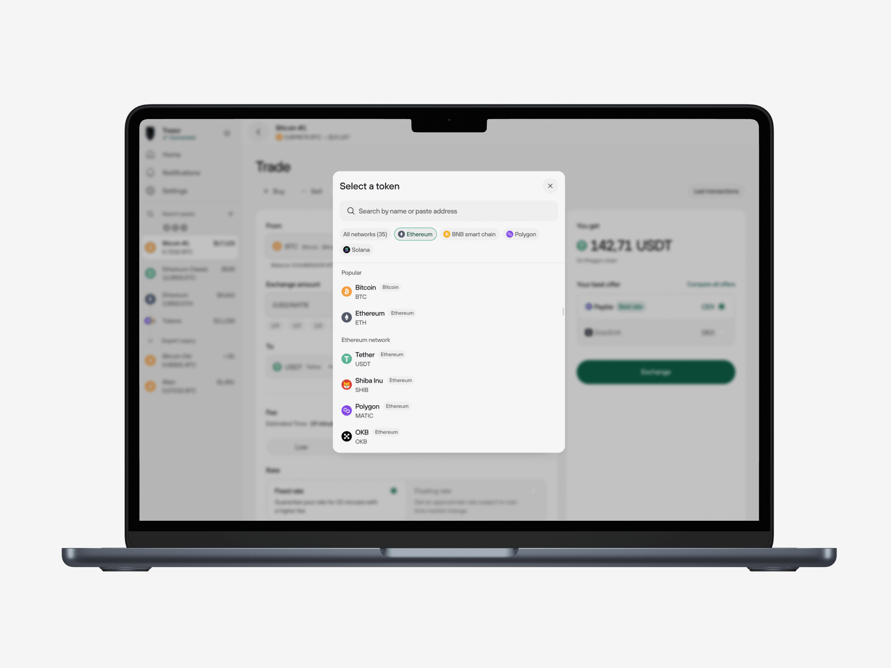 The redesigned token selector with network filtering